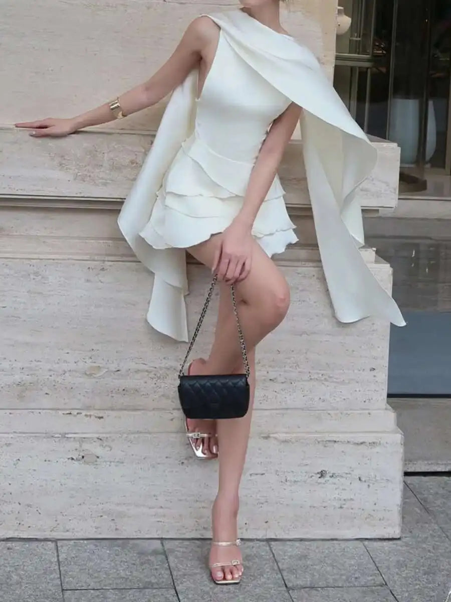 TWOTWINSTYLE Solid Spliced Ruffles Slimming Dresses For Women O Neck Sleeveless High Waist Temperament Mini Dress Female Fashion