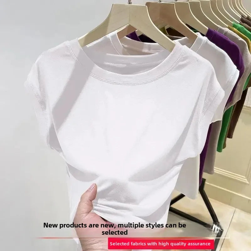 Short Sleeve Ice Silk T-Shirt Women's Loose Fashionable Youthful Small Flying Sleeve Top Knitted Crew Neck Other Pattern Types