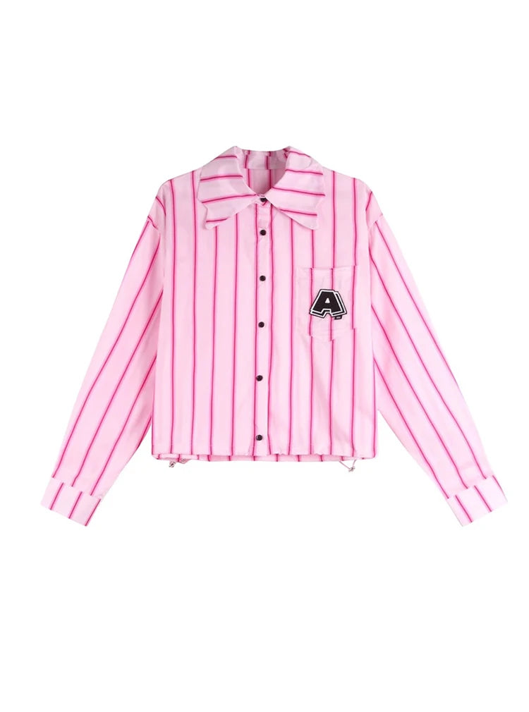 Women’s Cropped Loose Fit Striped Shirt with Letter Patch, Casual Button Down Blouse, Pink Streetwear Long Sleeve Top
