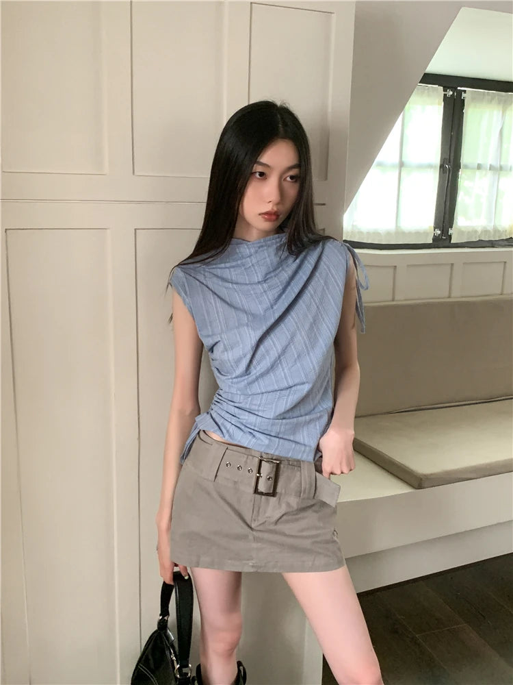 CHEERART Y2k Fashion Blue Striped Ruched Shirring Crop Top For Women 2023 Sleeveless Tees Crew Neck Short T Shirt Summer