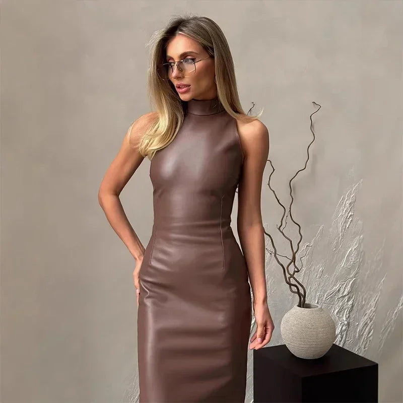 Vintage Midi Leather Dress Women Slim Turtleneck Sleeveless Hip Package Female Dresses 2025 Spring Lady Elegant Party Vestidos