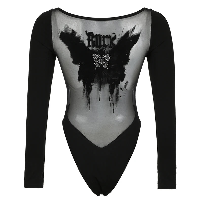 HEYounGIRL Gothic See Through Back Butterfly Print Rhinestone Bodysuit V-neck Long Sleeve Black Sexy Bodsuit Top Street Wear