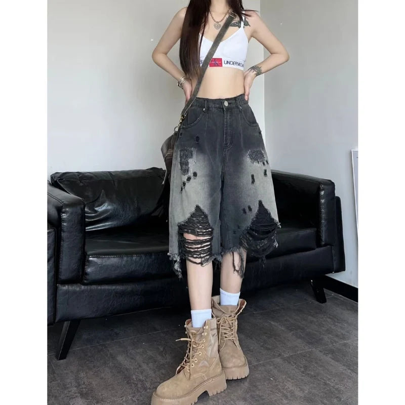 Zoki Harajuku Hole Y2K Denim Shorts Women Streetwear Vintage Gradient Jeans Shorts American Retro Bf Hip Hop Design Shorts New