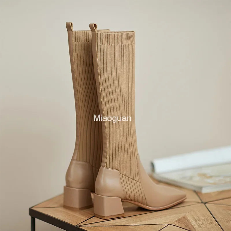 Women's Knee High Boots Luxury Knitted Leather Brown Black Block Heels Warm Classic Elastic Long Boot Winter Shoes Large Size 40