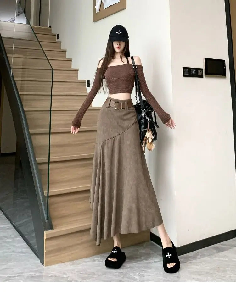 Women Clothing Autumn Korean Fashion Vintage High Waist Asymmetrical Skirts Female Elegant Chic Tie Dye Slim Long Skirt Faldas