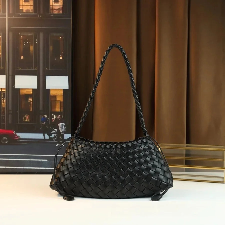 Handcrafted Woven Shoulder Crossbody Bag Simple Casual Ladies Handbag Underarm Bag Fashion Crescent Soft PU Leather Handbag