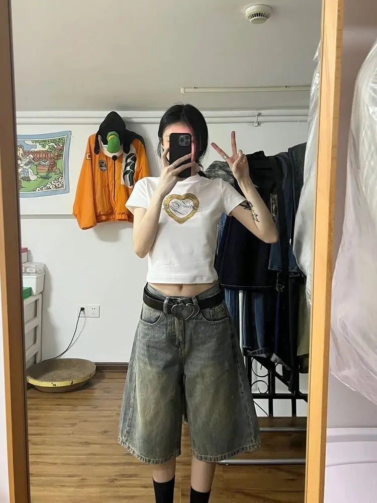 HOUZHOU Y2k Vintage Baggy Jeans Shorts Woman Streetwear Jorts Korean Harajuku Gothic Oversized Denim Pants Embroidery Summer