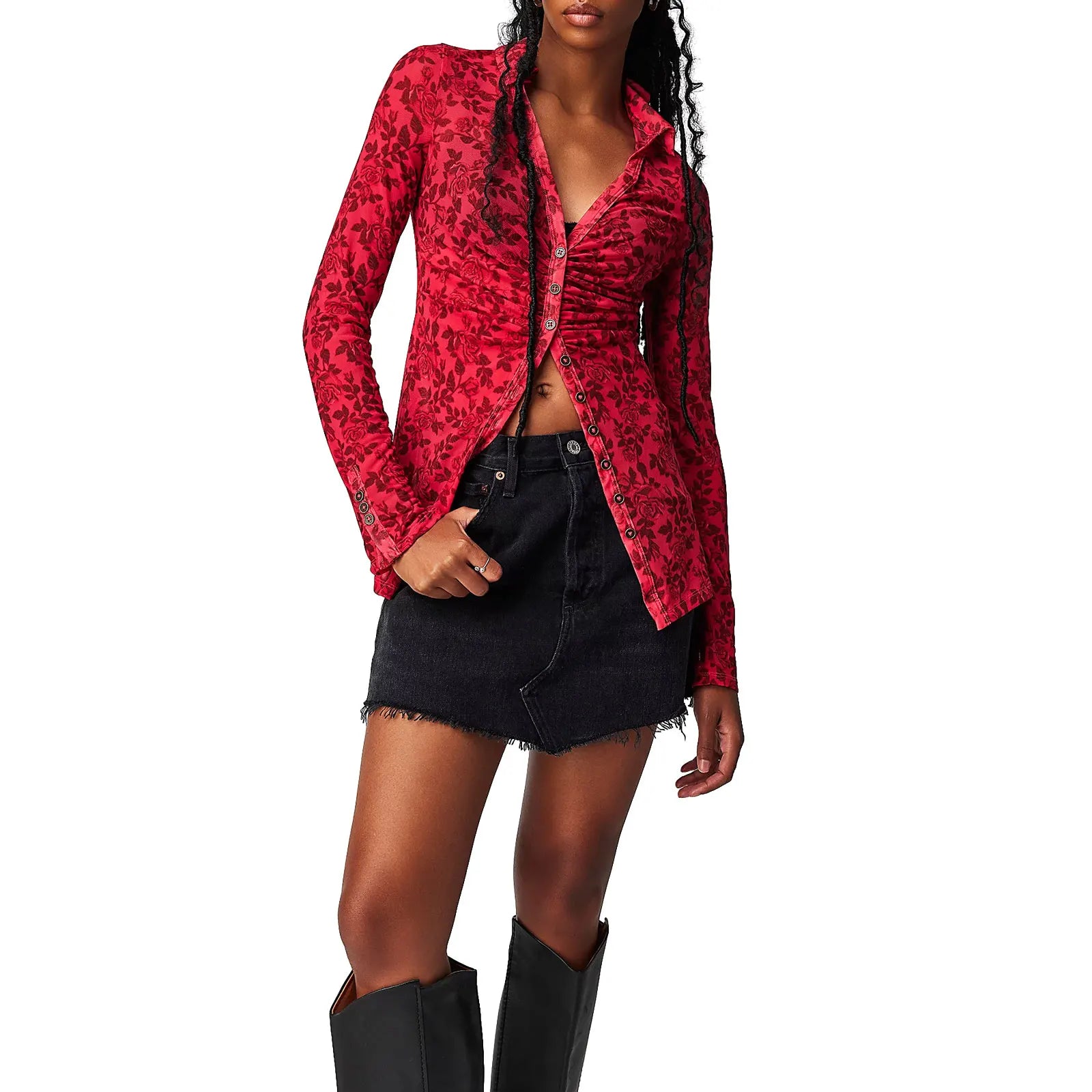 Y2k Women Retro Floral Print Shirts V Neck Long Sleeve Ruched Blouses Button Down Slim Fit Crop Tops Fairy Grunge Streetwear