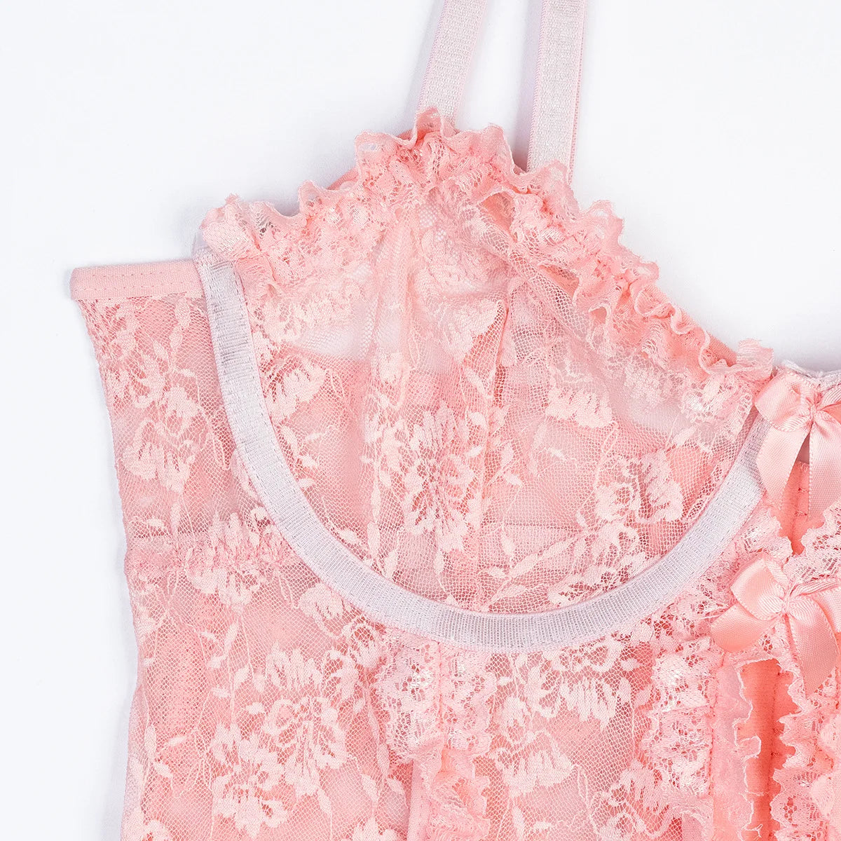 Sheer Pink Lingerie Set Frilled Lace Bralette Transparent High Waist Panty Garter Belt Bridal Romantic Seductive Underwear Women