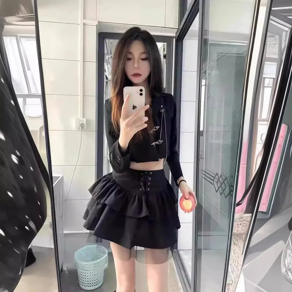 Mini Dress Black Cake Tummy Control Preppy Style A- line Skirt High Waist Summer Heat Wave Women's Petite Chic Fashion