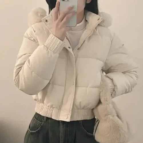 South korea Chic Autumn and Winter Fur Collar Hood Short down Coat Women Fashion Thick Warm Fleece-lined Cotton-padded jacket...