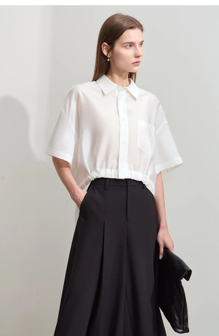 Amii Minimalism 2024 Women Shirt Summer New Lapel Casual Loose Short Belt Female Drop Sleeves Solid Fashion Blouse Tops 12452020