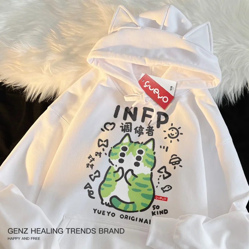 Original Fce-lined Hoodie Men's Spring MBTI Mediator INFP  Ear Design Comfortable Loose Fit Youthful Trendy Polyester C...