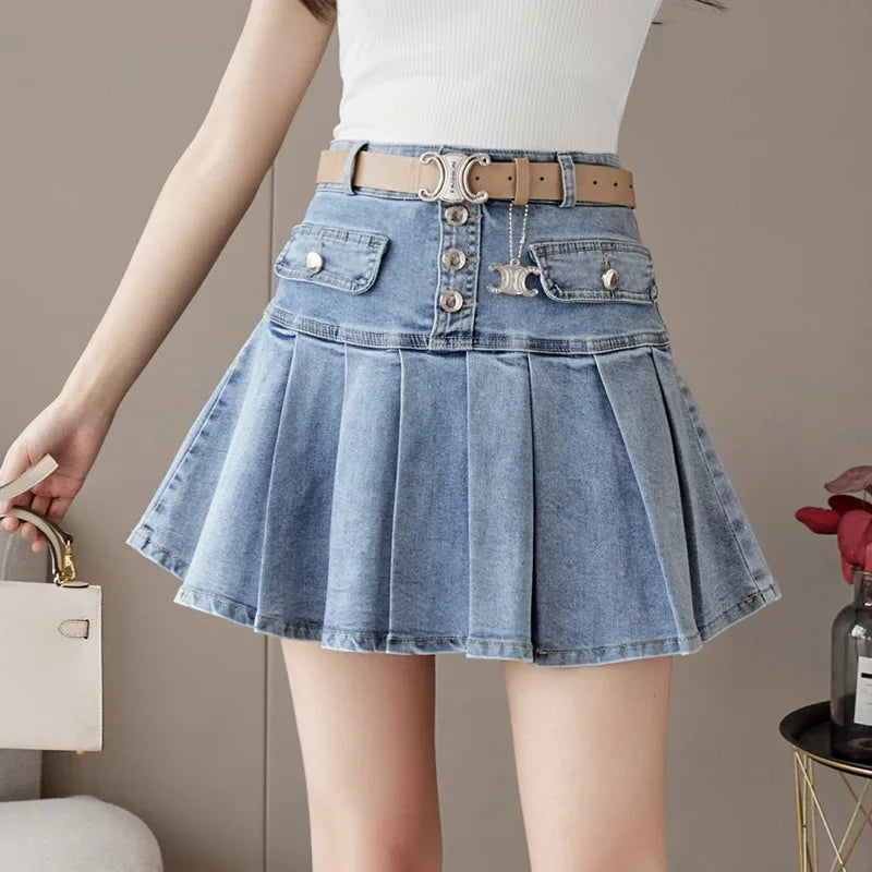 High-Waisted Denim Skirt Women's Slimming Mini Dress 2024 Spring Summer European Style Half Skirt Age-Reducing Fashionable Pleat