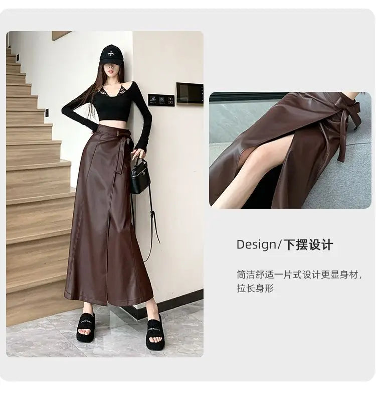 Women Clothing Autumn Winter Vintage Elegant Lace-up PU Leather Long Skirts Female Red High Waist Slim A-line Maxi Skirt Faldas