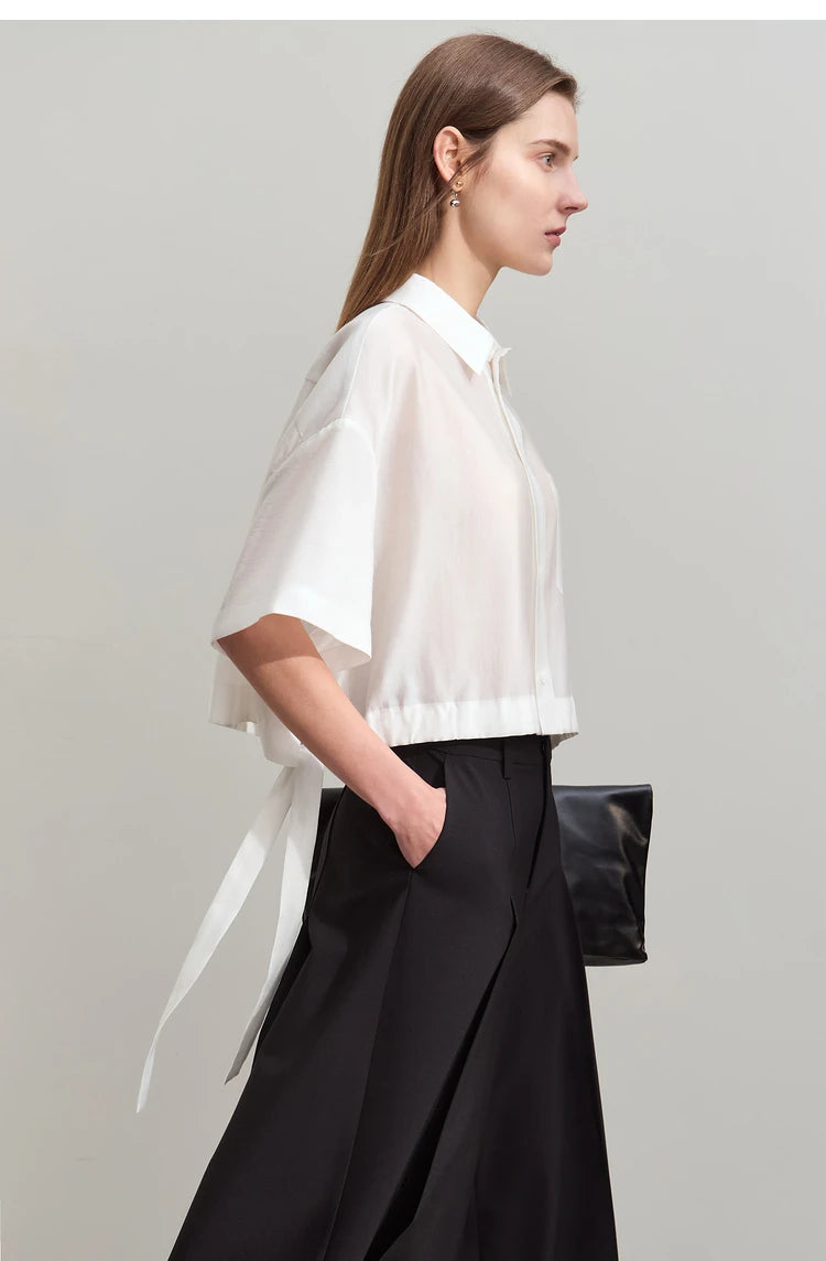 Amii Minimalism 2024 Women Shirt Summer New Lapel Casual Loose Short Belt Female Drop Sleeves Solid Fashion Blouse Tops 12452020