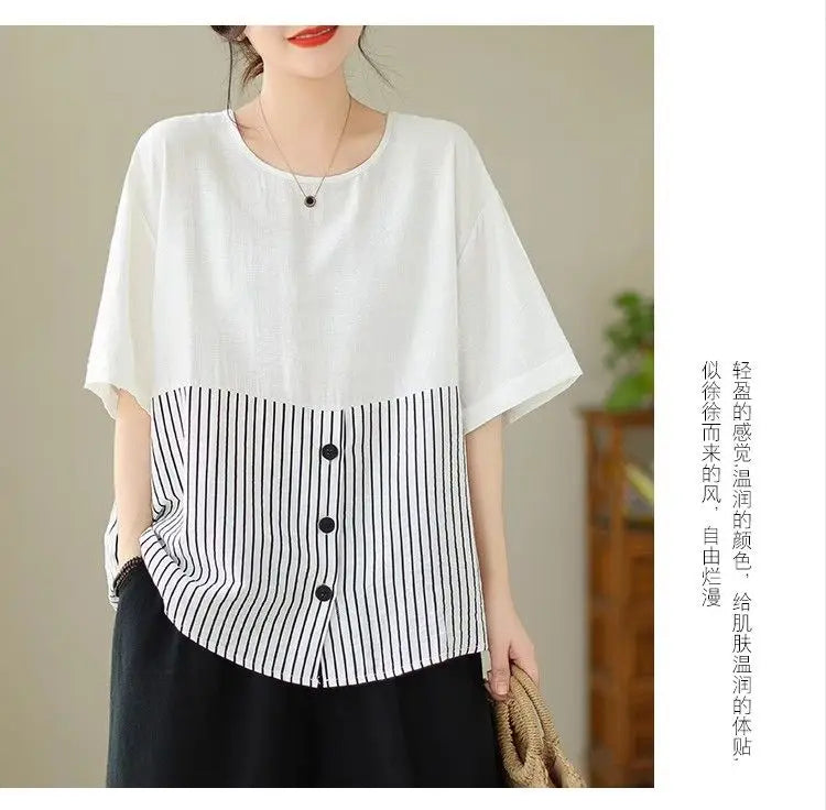 Summer New Plus Size Women's Fashion Striped Patchwork Tops Tees Youth Short Sleeve Loose Vintage T Shirts Casual Trend Clothing