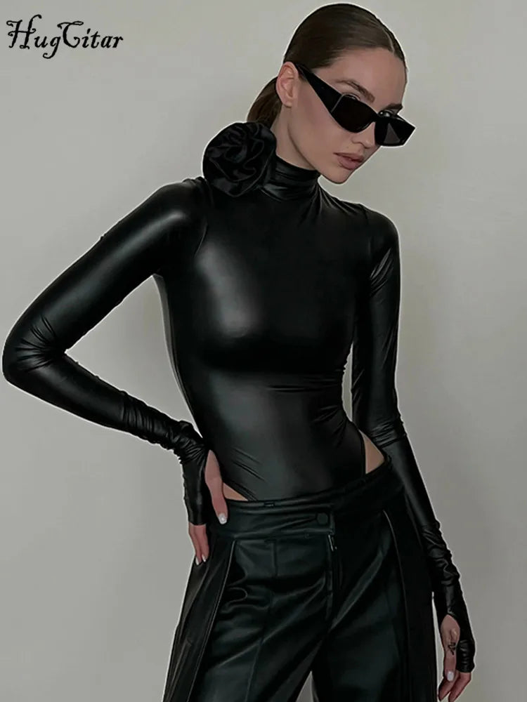 Hugcitar Fashion Pu Leather Black Turtleneck Tie Flower Long Sleeve Buttons Sexy Bodycon Bodysuit Women Party Overalls Romper