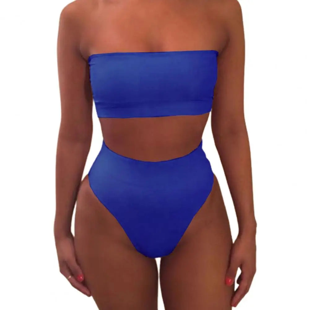 2 Pcs/Set Bikini Set Solid Color Elastic High Waist Strapless Female Bathing Suit Beachwear Summer Lady Swimsuit for Swimming