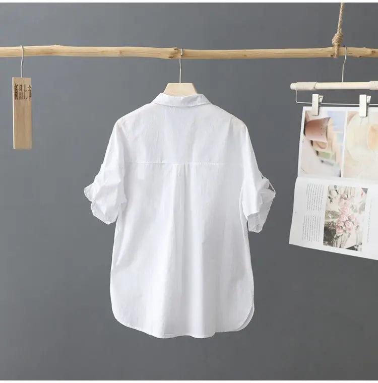 Summer Korean Style Solid Cotton Chic Women's Shirt Casual Loose All Match Office Lady Blouse Female Short Sleeve Blusas Mujer