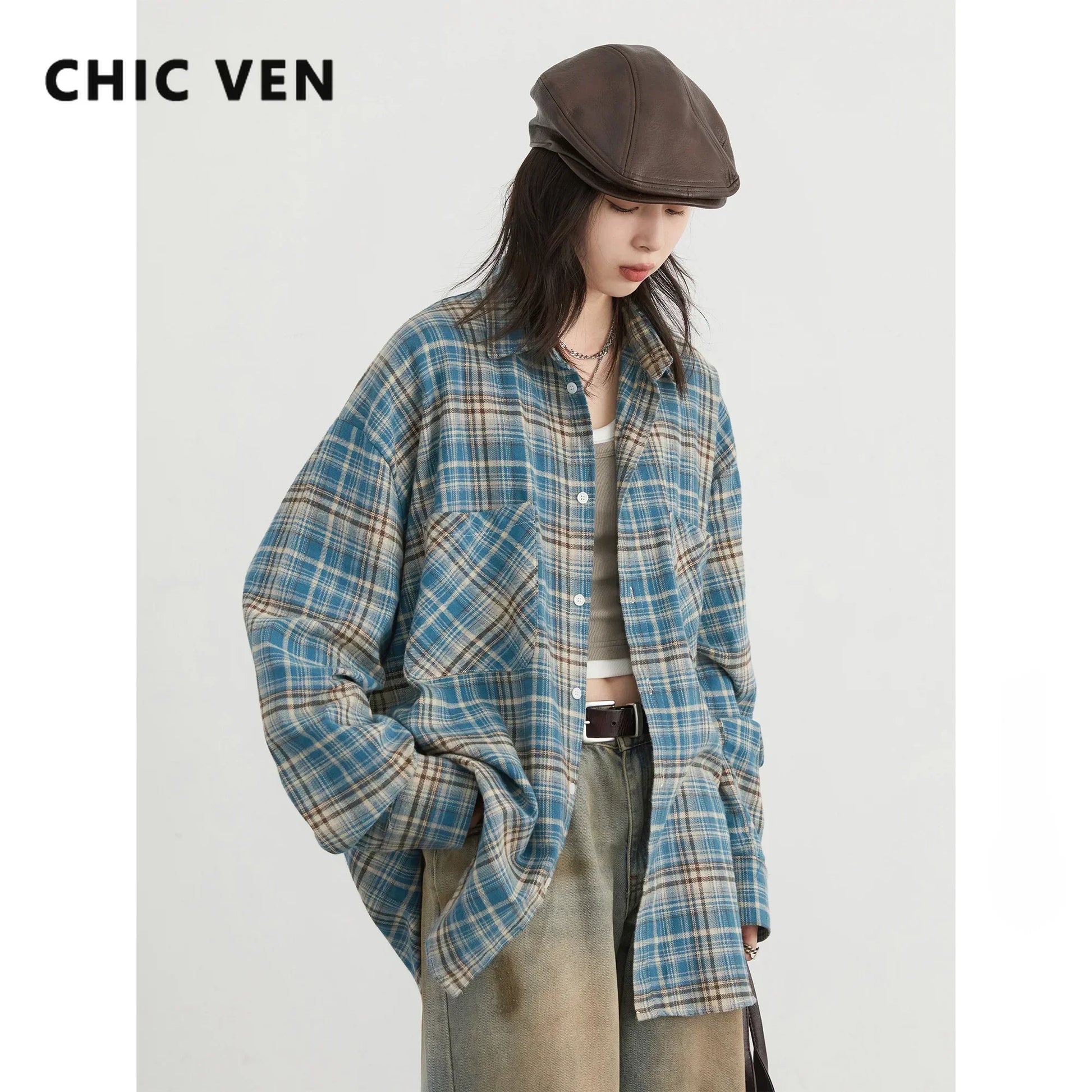 CHIC VEN Women's Cotton Shirt Single Breasted Loose New Retro Color Blocked Grid Female Blouses Autumn Spring 2024