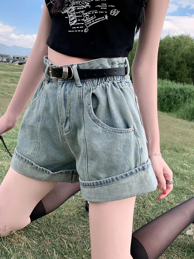 Women's Wine Red Denim Shorts High Waist Wide Shorts Harajuku Streetwear Korean Style Y2k Casual Blue A Line Jean Shorts Summer