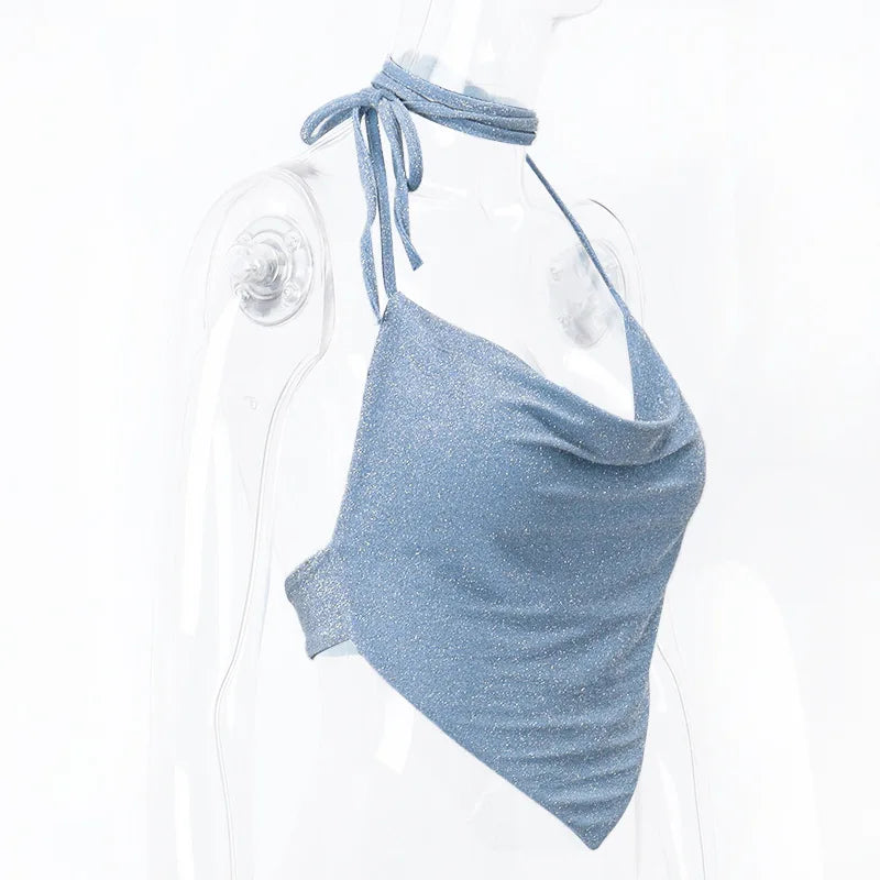 Halter Top Glitter Tanks 2025 Summer Outfits Blue Bright Silk Camis Ruched Top Crop Backless Vests Sexy Tops Cropped Clothes