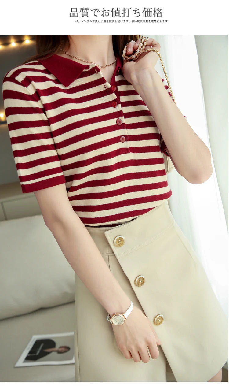 RONGYI 100% Cotton Women's Spring And Summer New Polo Neck Knitted Pullover With Stripes And Thin Short Sleeve T-Shirt Loose Top