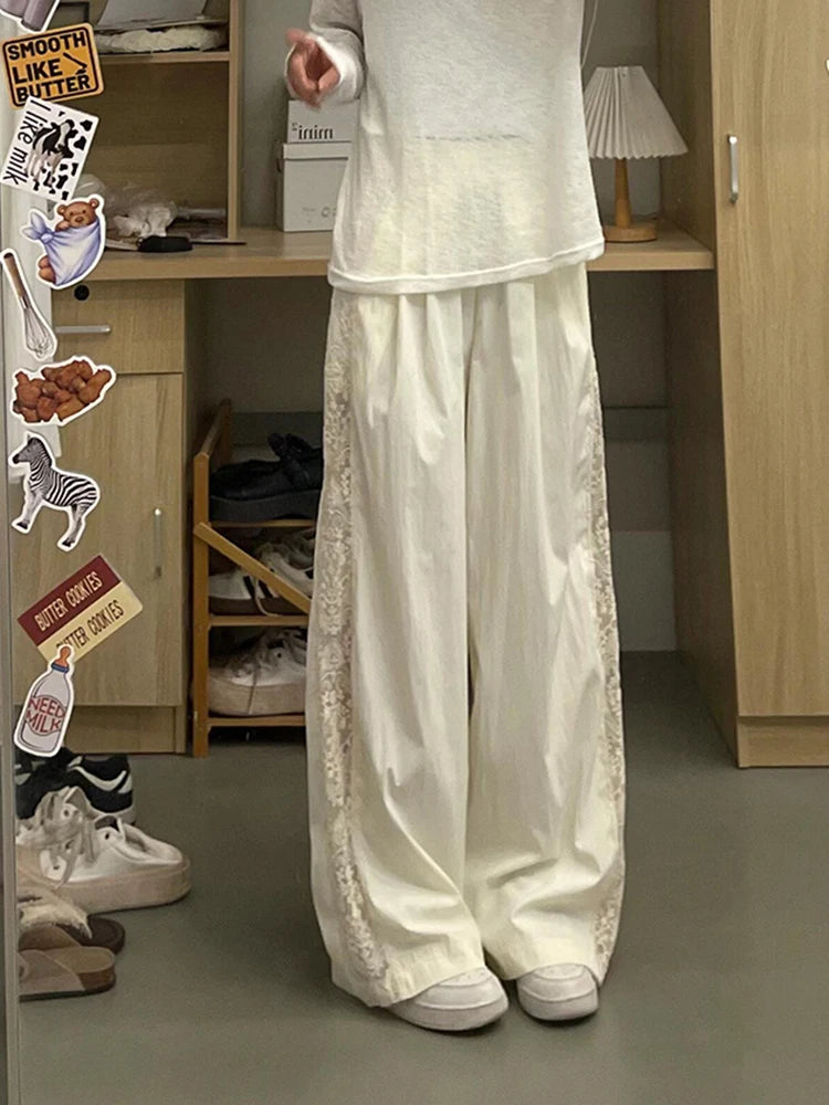 Zoki Lace Patchwork Sweet Pants Women Casual Korean High Waist Fashion Straight Trousers Loose Chic Female Summer Design Pants