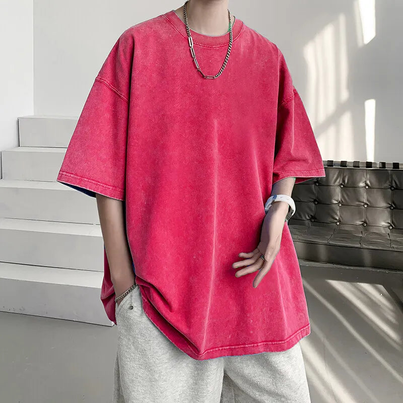 Summer Cotton Short Sleeved T-shirt Men Oversized Retro Washed T Shirt Men Streetwear Hip-hop Loose Round Neck T Shirt Mens Top