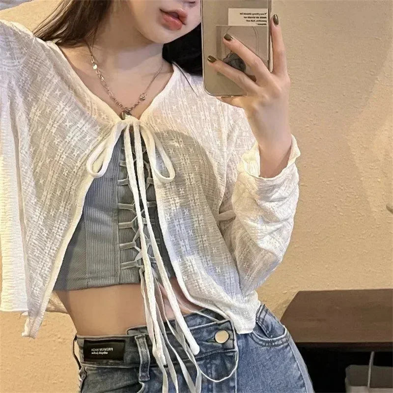 Women's Knitted Summer Top Thin Short Sleeve Bow Design Korean Cardigan Fashion Casual Solid Color Sun Protection Y2k Blouse