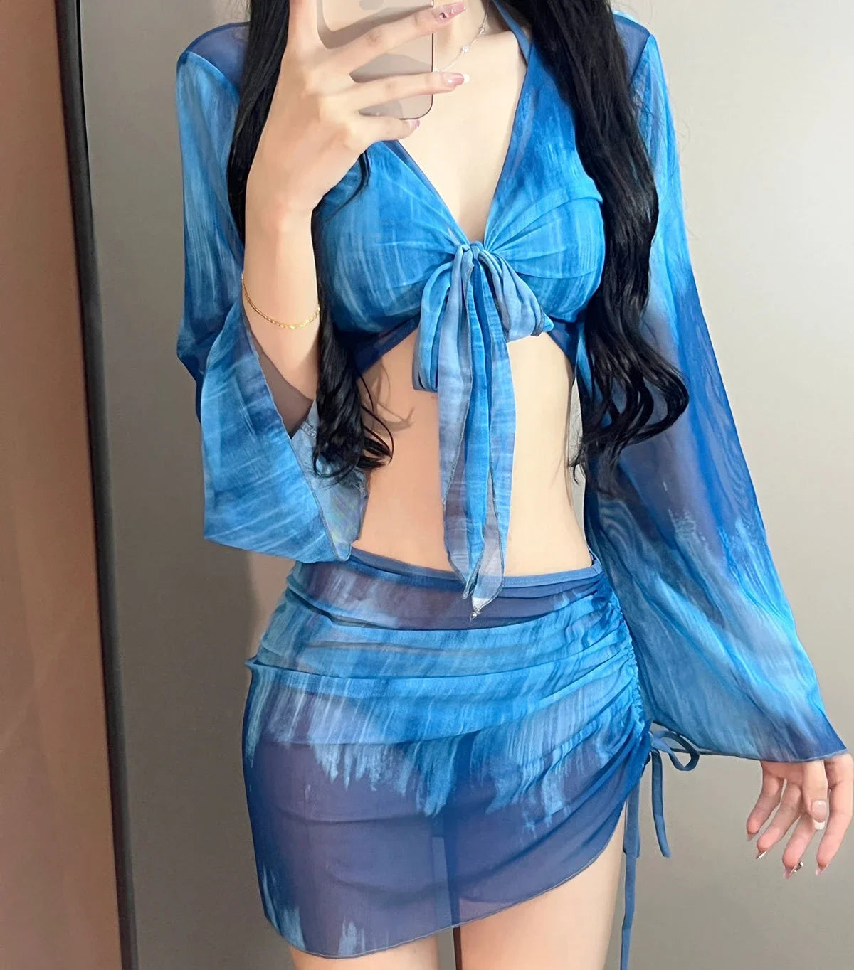 4 Piece Bikini Set Women Blue Tie Dye Mesh Long Sleeve Cover Up with Pleate Skirt Swimsuit Beach Bathing Suit Swimwear