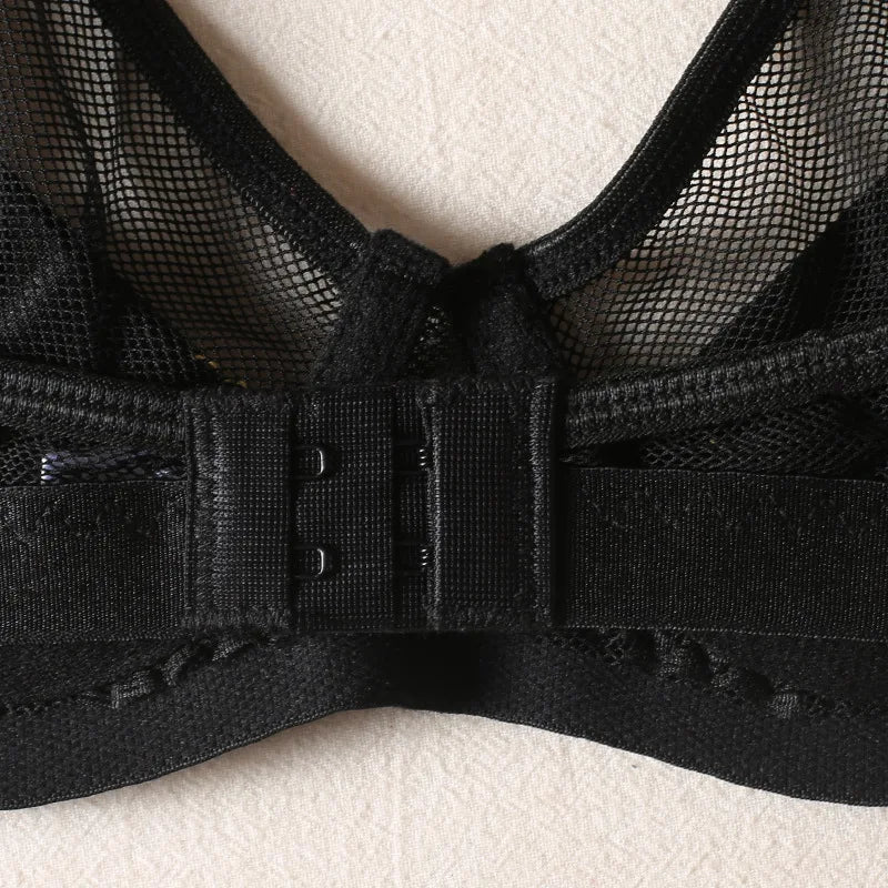 Cross-border new black mesh heavy-duty push-up bra with steel ring garter belt sexy sister lingerie set neck strap
