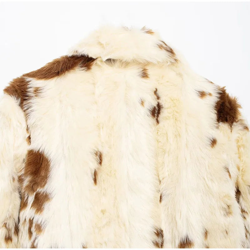 Faux Fur Contrast Women Coat 2025 Lapel Zipper Long Sleeve Female Coats Vintage Autumn Winter Pocket Thicken Warm Lady Outwear