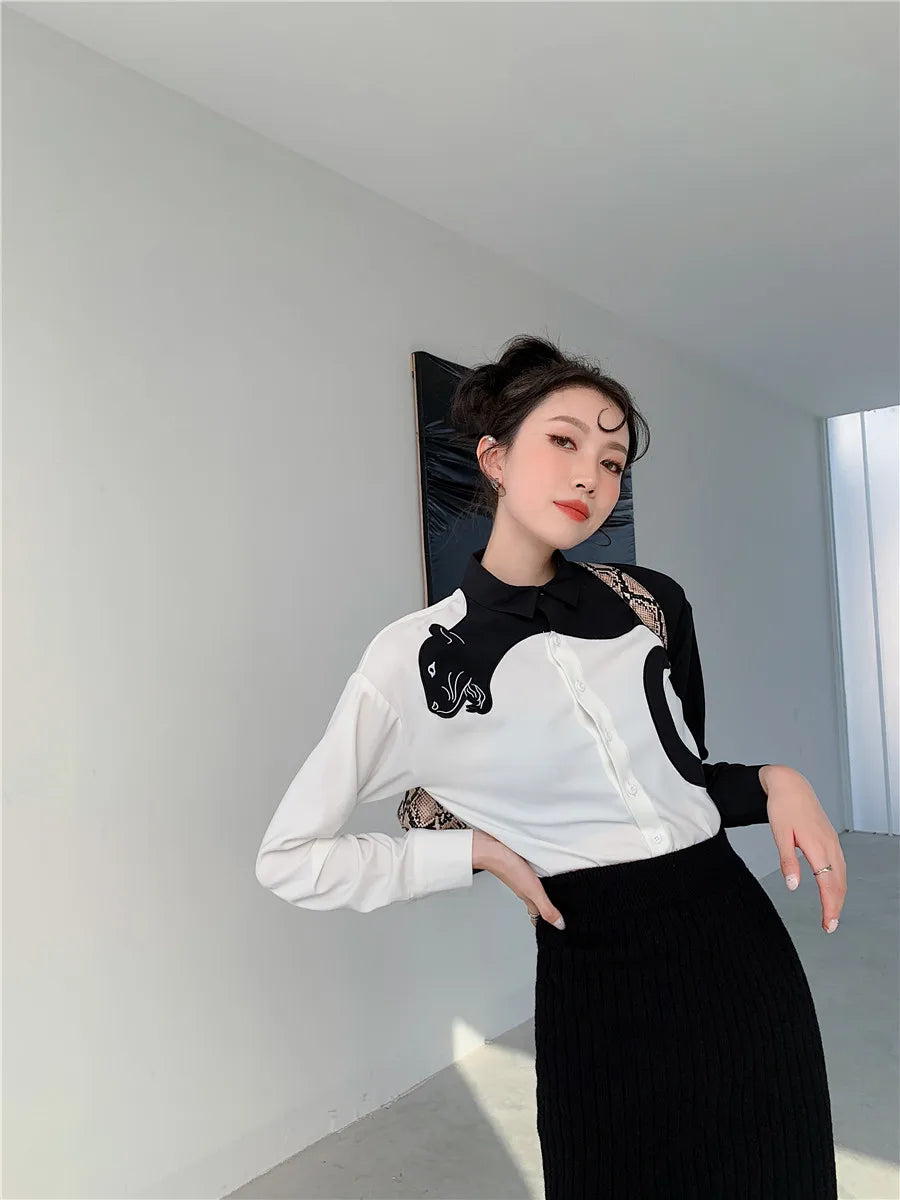 CHEERART Leopard Embroidered Long Sleeve Shirts And Blouses Women White Button Up Fall 2024 Designer Clothes Tops Fashion