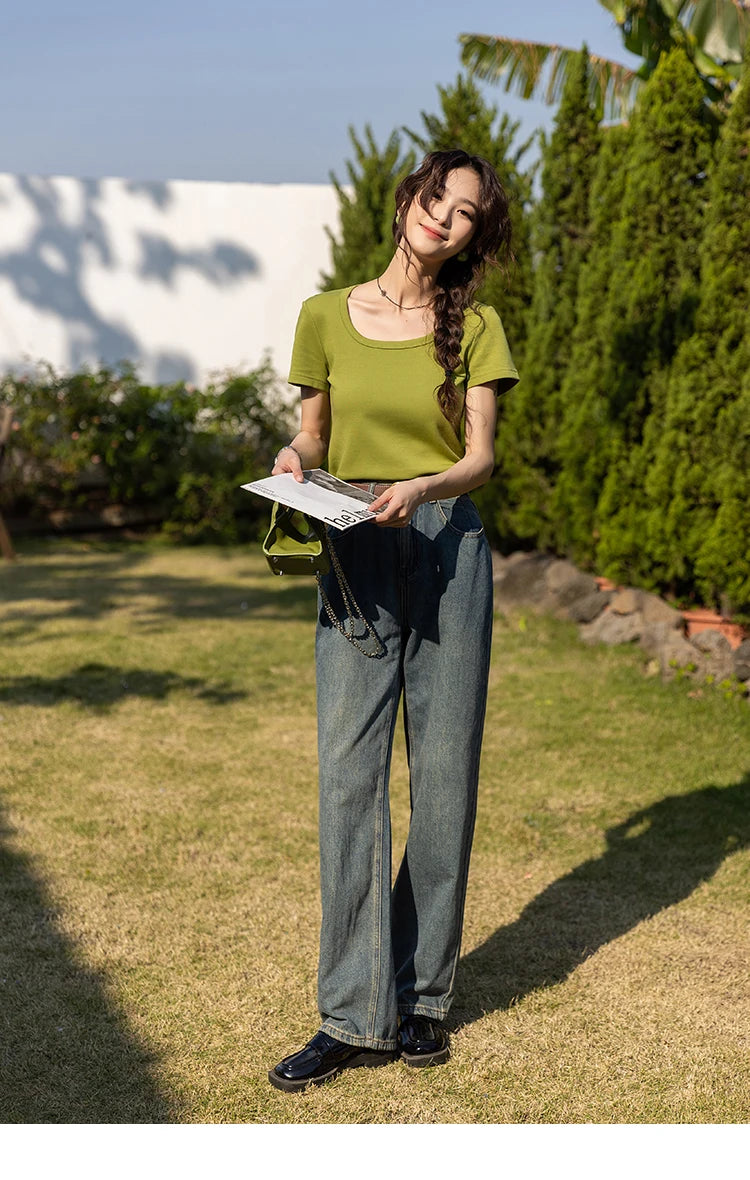 MISHOW Short Sleeve T-shirts Women Spring Solid Square-neck Top Elegant Woman Clothes Office Lady Cotton Tees MXC12T0641