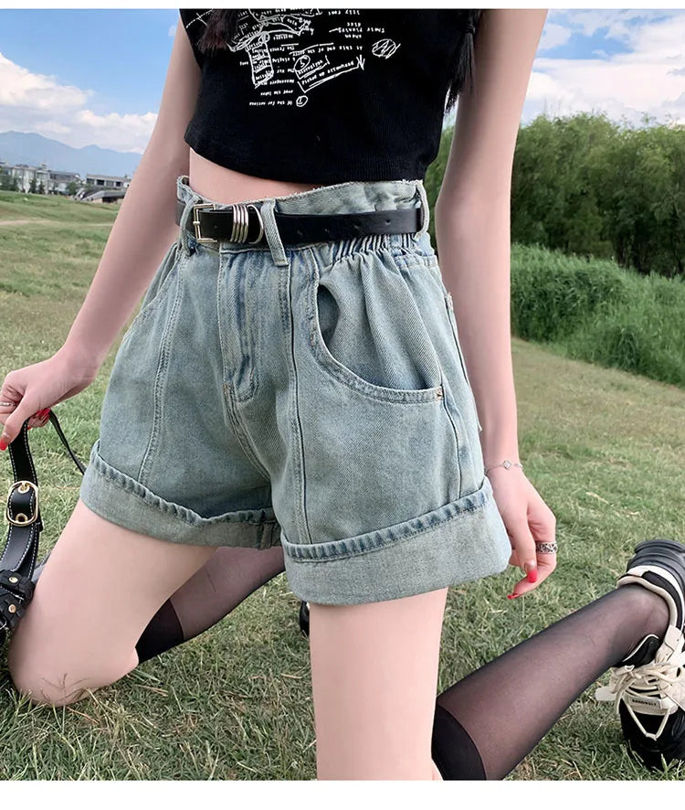 Women's Wine Red Denim Shorts High Waist Wide Shorts Harajuku Streetwear Korean Style Y2k Casual Blue A Line Jean Shorts Summer