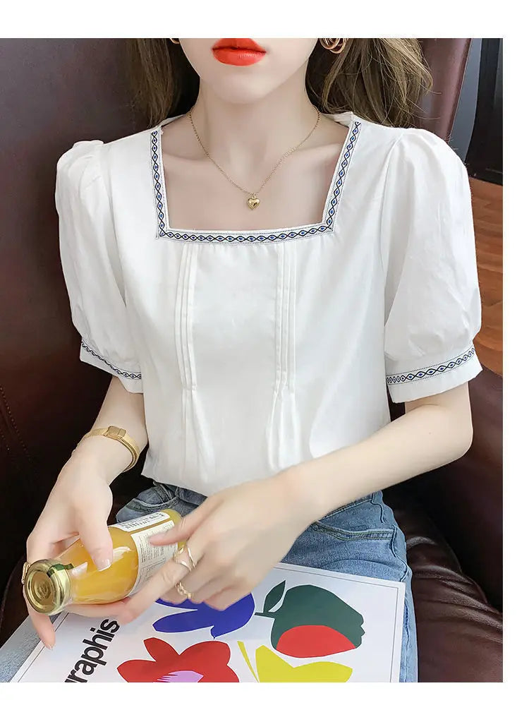 Women Clothing Summer Korean Fashion Embroidered Solid Color Square Collar Puff Sleeve Femme All-match Pleated Short Sleeve Tops