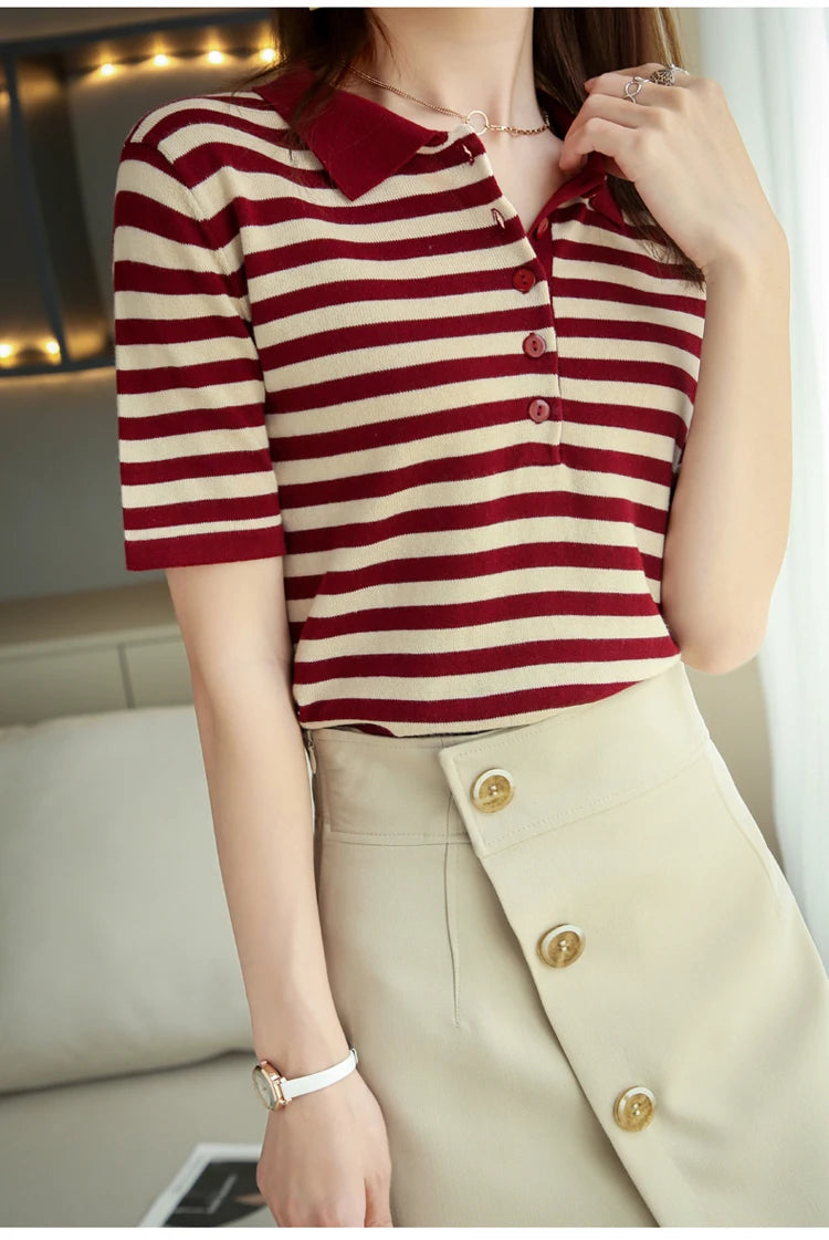 RONGYI 100% Cotton Women's Spring And Summer New Polo Neck Knitted Pullover With Stripes And Thin Short Sleeve T-Shirt Loose Top