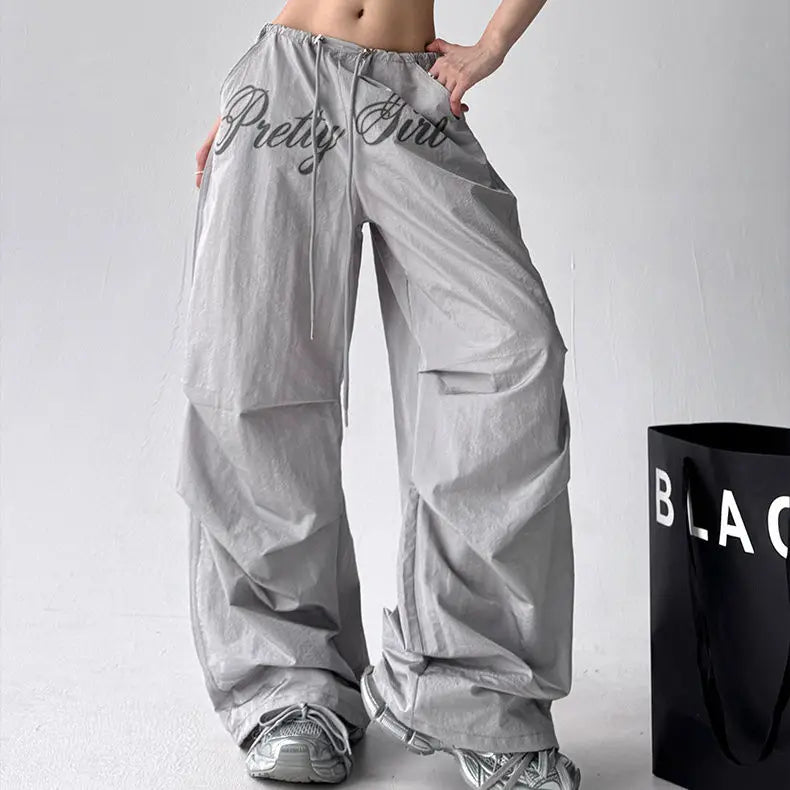 American retro black printed Spice Girls Street Dance Scimitar Pants Women's Loose Design Splicing Summer New Wide Leg Pants