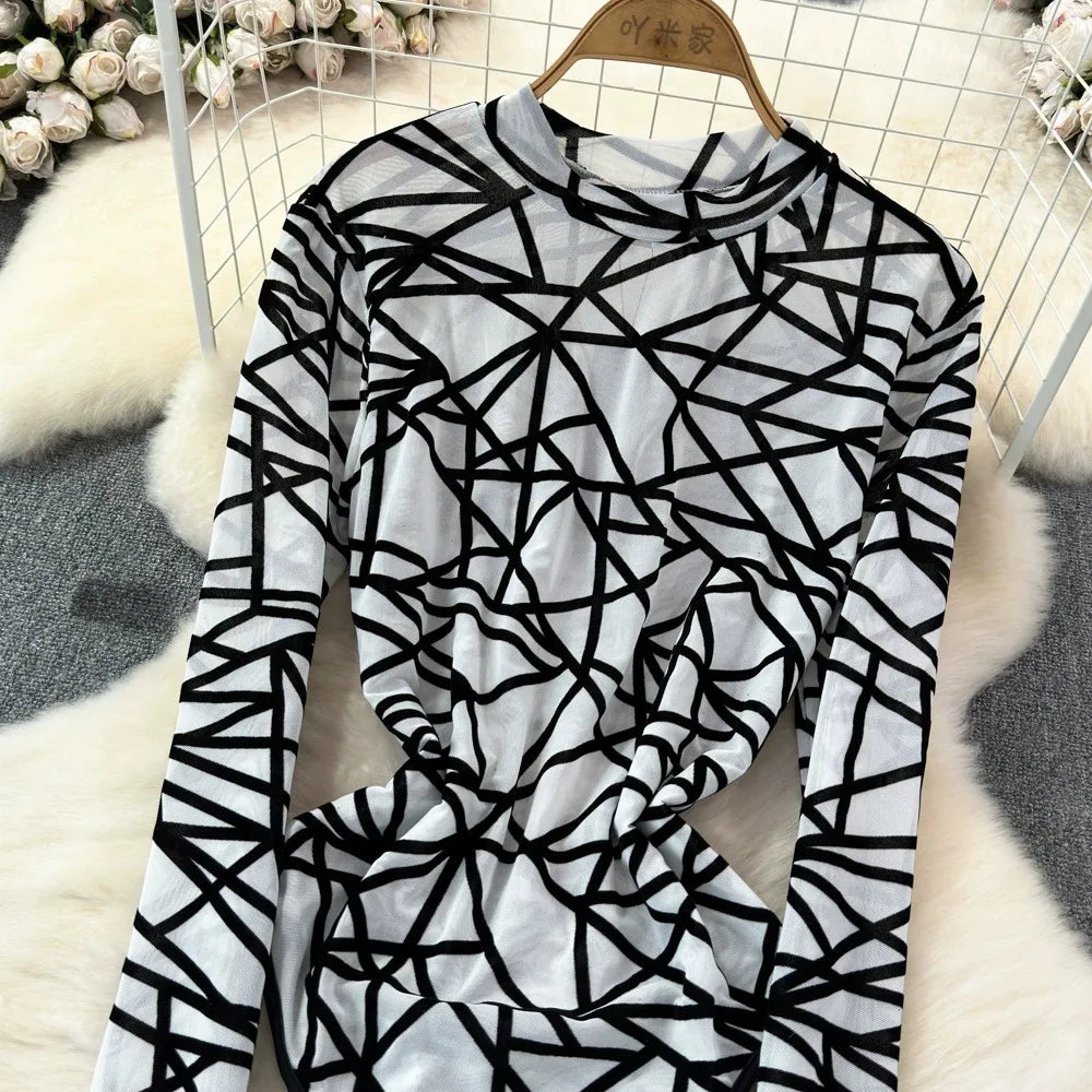 Foamlina Sexy Hollow Out Mesh Bodysuits for Women Fashion Striped Print Stand Collar Long Sleeve Slim Fit Club Party Jumpsuits