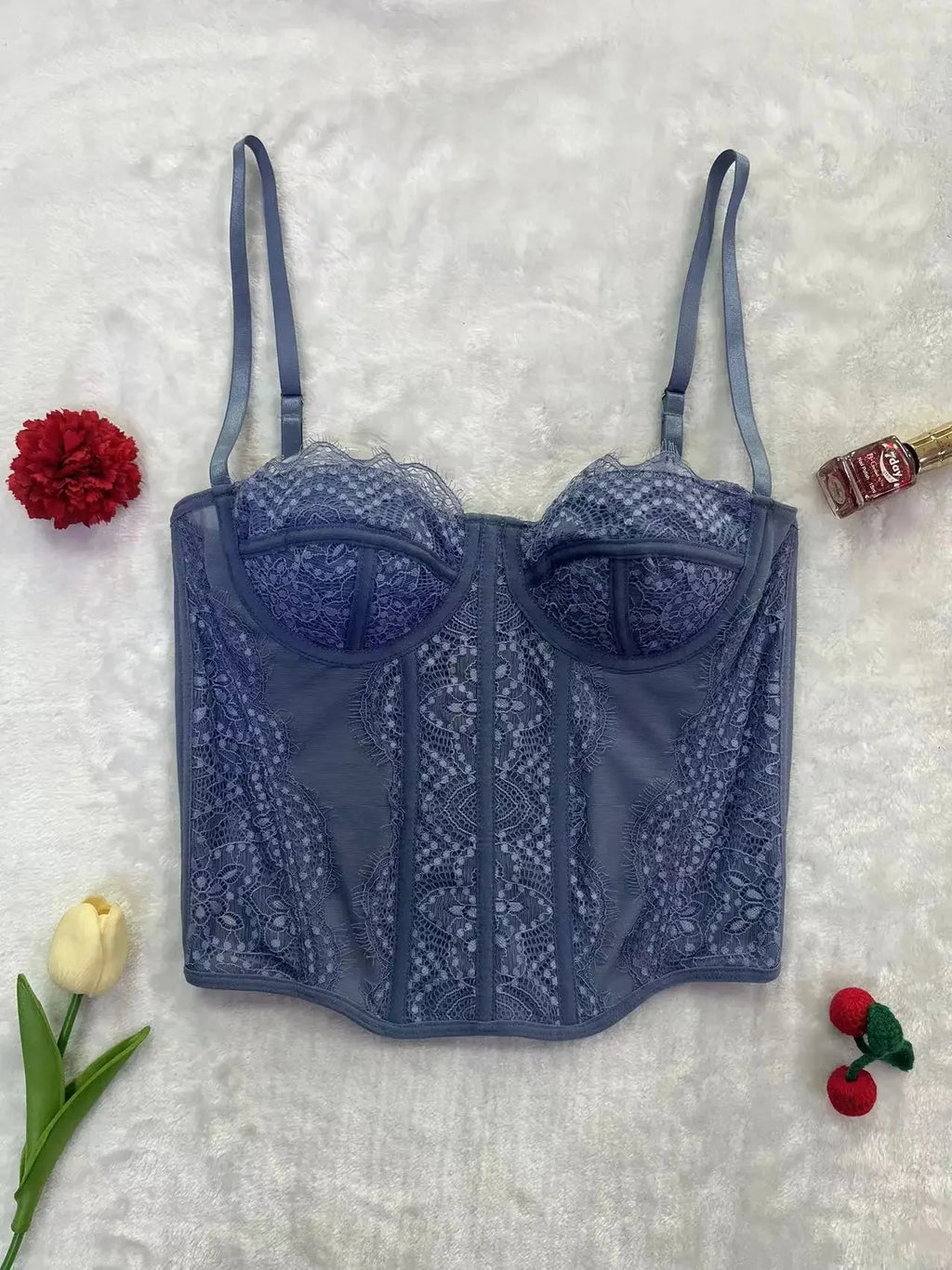 Sexy Gathered Tight Fitting Corset Top Lace Trimmed Transparent Pure Desire Tank Top Polyester Fiber Material From China Mainlan