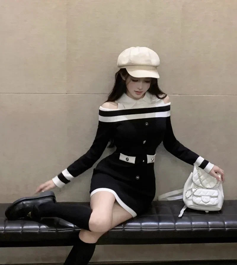 Hot Girl Off Shoulder Long-sleeved Knitted Dress Women's Autumn Fake Two-piece Shirts Spliced Sexy Wrapped Hip Short Dress