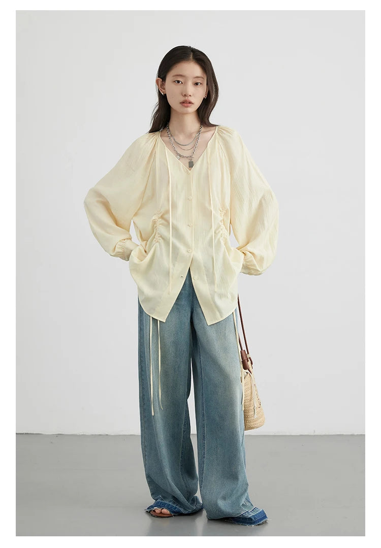 CHIC VEN Women Loose Lace Up Shirt Solid New Korean V-neck Pleated Raglan Long Sleeved Blouses Female Tops Spring Summer 2025