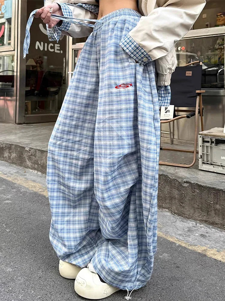 Zoki Streetwear Y2K Plaid Pants Women Vintage American High Waist Scimitar Pants Harajuku Oversize Loose Bf Casual Trousers New