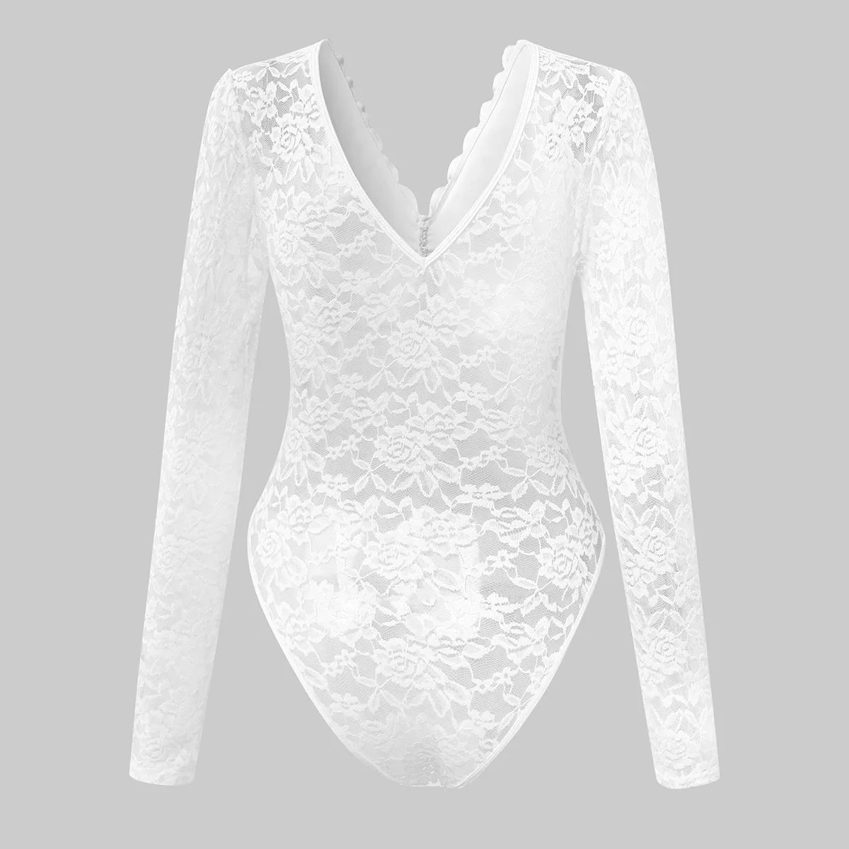 Women Elegant White Lace V-Neck Bodysuits Sexy One Piece Fitted Bodyshaper Jumpsuits Long Sleeves Shapewear Slimming Waist Tops