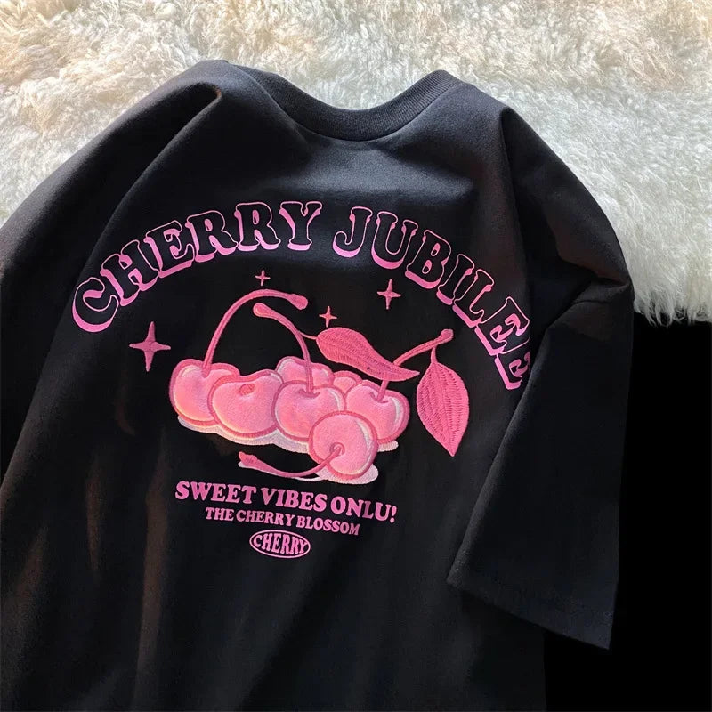 Women's Cartoon Cherry Print Loose Fit Short Sleeve T-Shirt Polyester Crew Neck Top Sweet Lazy Couple Shirt Trendy