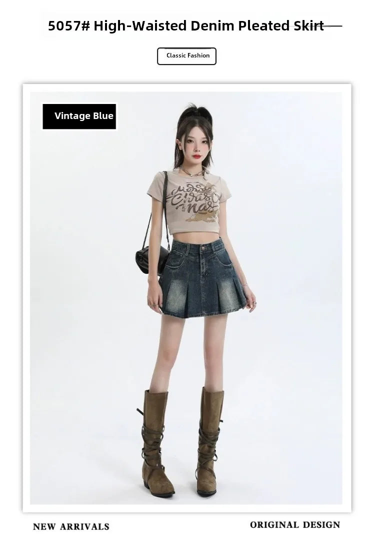 American Sle Versatile High Waist Denim  Skirt Women's Summer New plus Size Pleated Skirt Small Size Slim A-Line ves