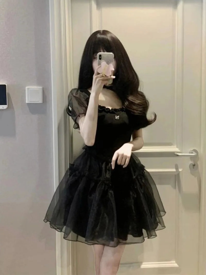 2023 Summer New Black Yarn Dress Fluffy Small Short Square Neck Spicy Girl Sweet Style Small Puff Sleeve Sexy Lovely Short FO30