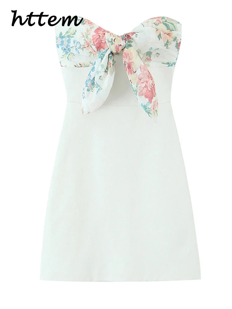 Sexy Women's Printed Bow Short Dress Patchwork Strapless Sleeveless Backless Party Dresses Female 2025 Summer Lady Chic Robes